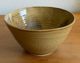 Vintage Studio Pottery Bowl, 7" – Ochre & Blue Floral Design – Signed