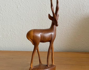 Vintage Hand-Carved Teak Gazelle, 9.75″ – Midcentury Modern Antelope Sculpture