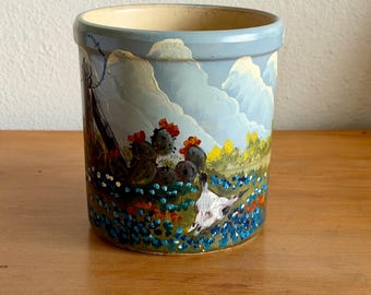 Jarra de barro vintage pintada a mano al estilo del suroeste americano – Margie Harrington, arte popular de Texas – década de 1980