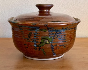 Large Studio Pottery Lidded Bowl – Brown & Blue Drip Glaze – Tom Forte