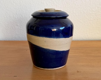 Vintage Studio Pottery Lidded Jar – Cobalt Blue & Natural Stoneware – Signed