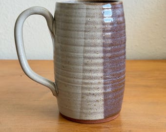Vintage Oversized Studio Pottery Mug - Tricolor Plum, Gray & Cream Glaze - Signed