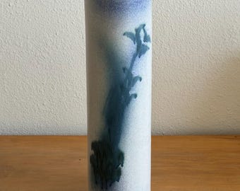 Tall Vintage Studio Pottery Cylinder Vase – White Glaze with Blue & Teal Floral Design – Signed