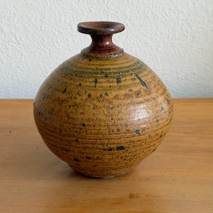 May include: A round ceramic vase with a narrow neck and a flared rim. The body features a textured, mottled glaze in shades of mustard yellow, brown, and dark green, with visible horizontal ridges and dark speckles throughout the surface.