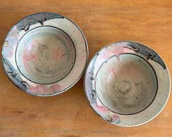 Pair of Vintage Michael Hill Studio Pottery Bowls, 7.75″ – Pink & Blue Slip Glaze