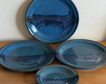 Set of 4 Vintage Studio Pottery Plates – Blue Drip Glaze