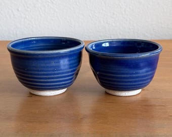 Set of 2 Cobalt Blue Handmade Tea Cups – Japanese Style with Finger Indents – Signed