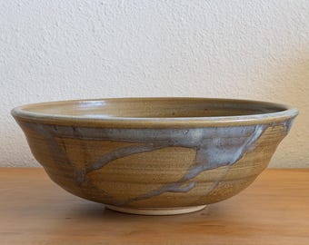 Large Vintage Studio Pottery Serving Bowl, 11.5″ – Olive Green & Soft Blue Layered Glaze – Signed