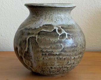 Vintage MCM Studio Pottery Vase – Rustic Cream & Brown Drip Glaze – Signed