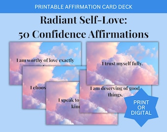 Radiant Self-Love: 50 Confidence Affirmations | Printable PDF Deck for Self-Worth & Confidence
