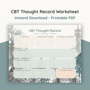 Könnte beinhalten: Ein druckbares CBT Thought Record Arbeitsblatt. Das Arbeitsblatt ist in Abschnitte unterteilt, um Gedanken zu identifizieren, zu hinterfragen und neu zu gestalten. Die Abschnitte umfassen Situation, Automatischer Gedanke, Emotion + Intensität, Beweise für, Beweise gegen, Ausgewogener Gedanke und Emotion neu bewerten.