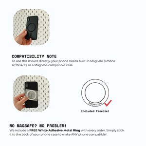 K&ouml;nnte beinhalten: Eine Infografik mit dem Titel TIPS zeigt ein schwarzes Smartphone mit einer runden Magnethalterung. Der Text erl&auml;utert die MagSafe-Kompatibilit&auml;t f&uuml;r iPhone 12, 13, 14 und 15. Ein wei&szlig;er, selbstklebender Metallring ist als Zubeh&ouml;r enthalten.