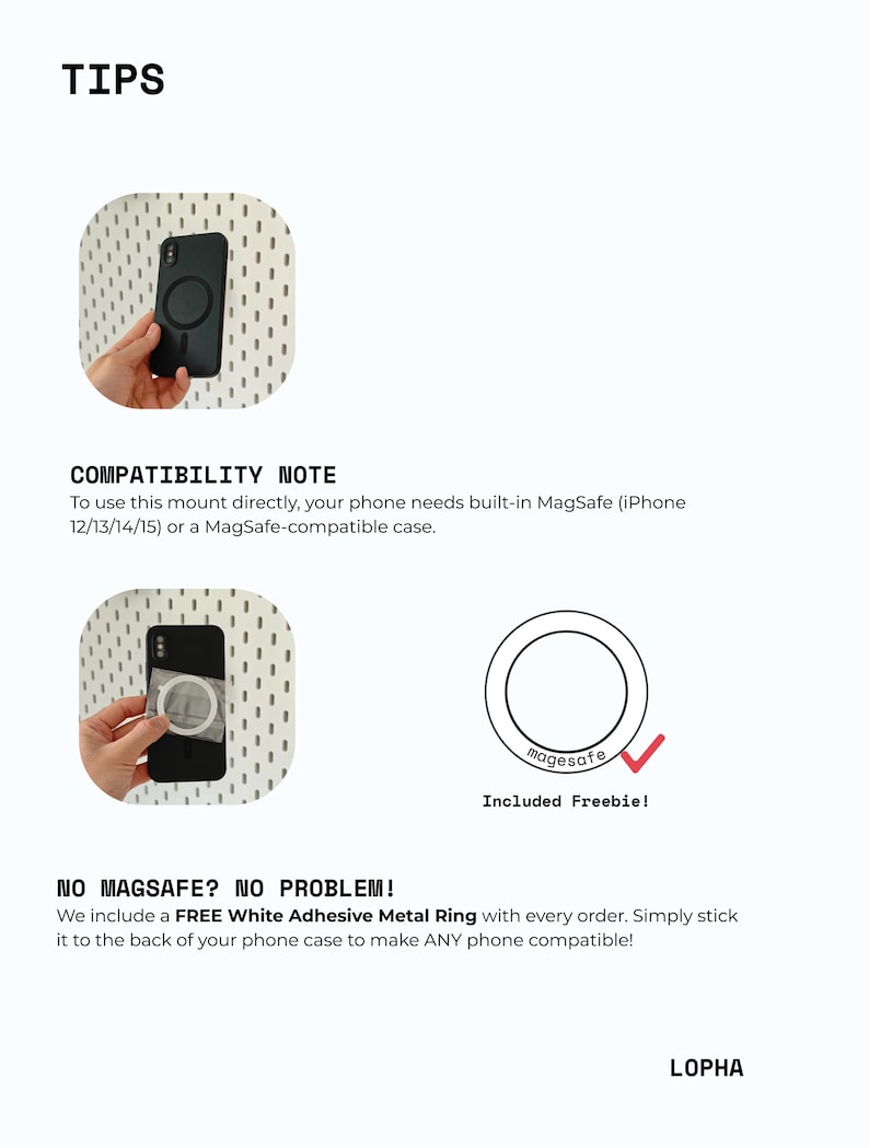 K&ouml;nnte beinhalten: Eine Infografik mit dem Titel TIPS zeigt ein schwarzes Smartphone mit einer runden Magnethalterung. Der Text erl&auml;utert die MagSafe-Kompatibilit&auml;t f&uuml;r iPhone 12, 13, 14 und 15. Ein wei&szlig;er, selbstklebender Metallring ist als Zubeh&ouml;r enthalten.