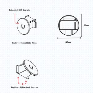 K&ouml;nnte beinhalten: Technische Zeichnung einer runden magnetischen Telefonhalterung, Modell MAG-MNT-V1, mit eingebetteten N52-Magneten, MagSafe-kompatiblem Ring und modularem Schiebeverriegelungssystem. Die Ma&szlig;e betragen 66mm x 66mm. Material ist als PLA-Kunststoff angegeben.