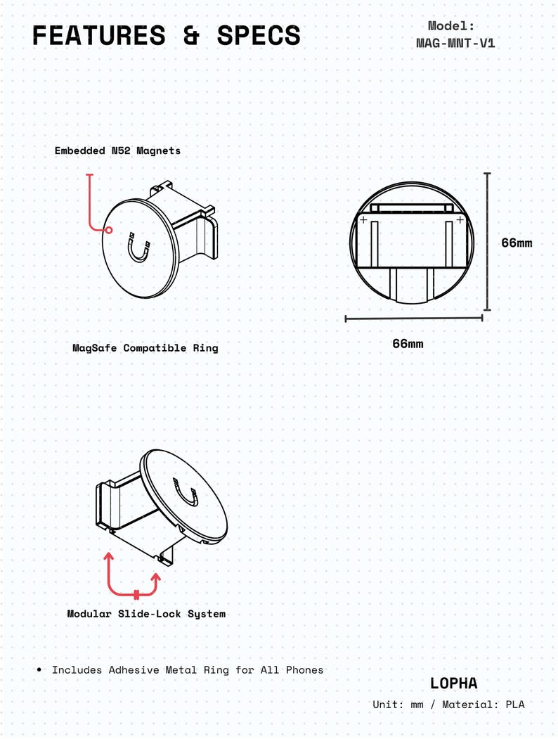 K&ouml;nnte beinhalten: Technische Zeichnung einer runden magnetischen Telefonhalterung, Modell MAG-MNT-V1, mit eingebetteten N52-Magneten, MagSafe-kompatiblem Ring und modularem Schiebeverriegelungssystem. Die Ma&szlig;e betragen 66mm x 66mm. Material ist als PLA-Kunststoff angegeben.