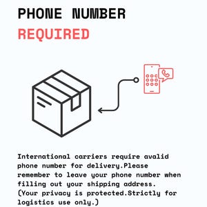 K&ouml;nnte beinhalten: Eine Grafik mit einer schwarzen Strichzeichnung einer Box und einem roten Smartphone-Symbol mit einem Telefon-Icon. Der Text lautet: NON-US BUYERS: PHONE NUMBER REQUIRED. Internationale Spediteure ben&ouml;tigen eine Telefonnummer. LOPHA steht unten.