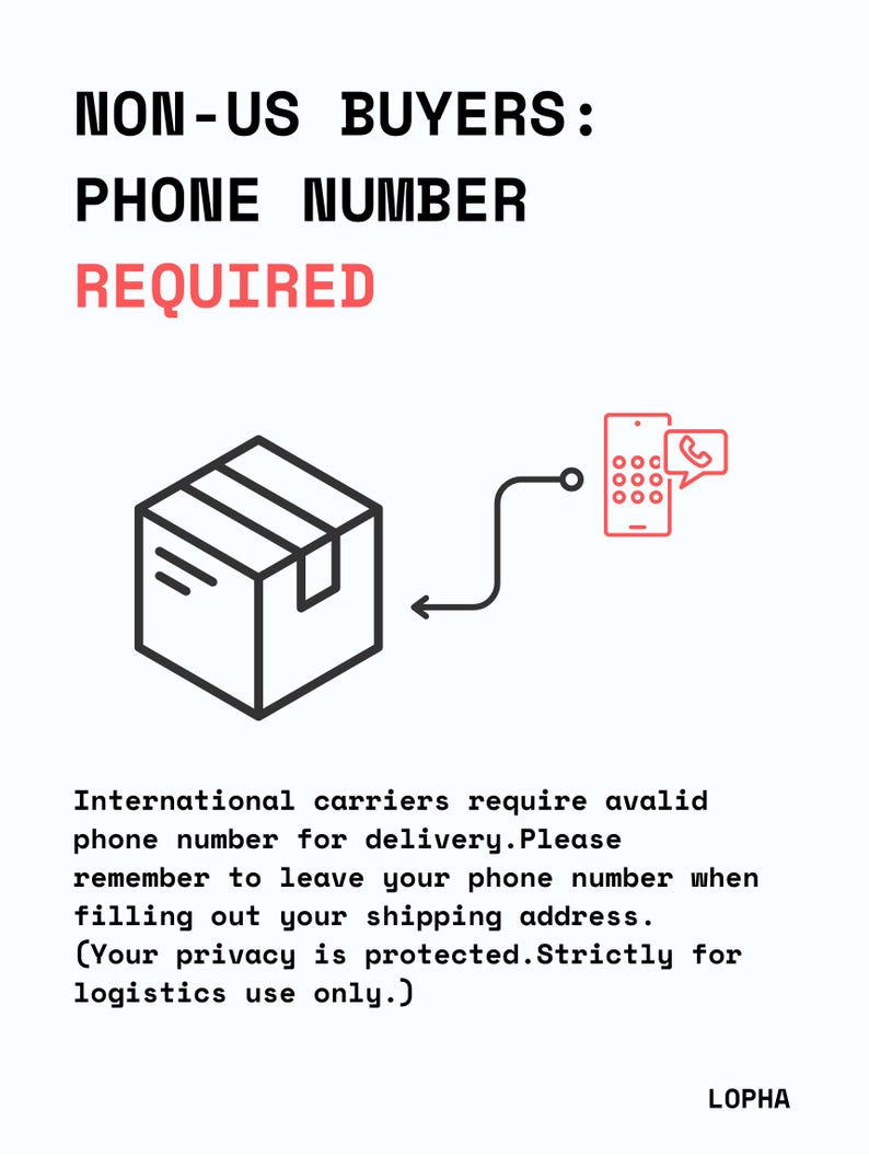 K&ouml;nnte beinhalten: Eine Grafik mit einer schwarzen Strichzeichnung einer Box und einem roten Smartphone-Symbol mit einem Telefon-Icon. Der Text lautet: NON-US BUYERS: PHONE NUMBER REQUIRED. Internationale Spediteure ben&ouml;tigen eine Telefonnummer. LOPHA steht unten.
