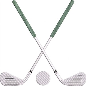 May include: An illustration of two crossed golf clubs with green grips and a golf ball. The clubs are silver with textured club heads. The golf ball is white with a textured surface. The image is set against a white background.