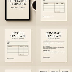 May include: A collection of contractor templates in English and Spanish, including estimate, invoice, contract, and proposal forms. The templates are displayed on paper and a tablet, with a cup of coffee visible.