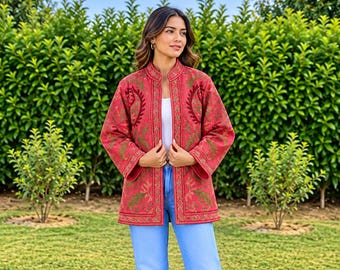 Handmade Crimson Red Embroidered Jacket | Floral Ethnic Artisan Outerwear 100% Cotton