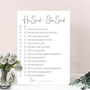 Può includere: Un biglietto bianco con la scritta "He Said - She Said" in elegante corsivo. Sotto, un elenco di domande con caselle di controllo per "B" e "G" per indicare le risposte. Un vaso di tulipani bianchi si trova nell'angolo in basso a sinistra.