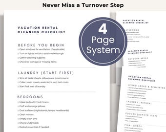 Lista de verificación de limpieza para alquileres vacacionales / Sistema de preparación de huéspedes de Airbnb (imprimible de 4 páginas)