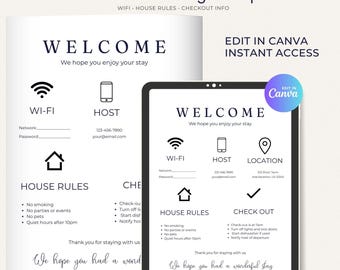 Airbnb Welcome Sign Template | Editable Canva Guest Info Sign | WiFi Password House Rules | Vacation Rental VRBO STR Instant Download