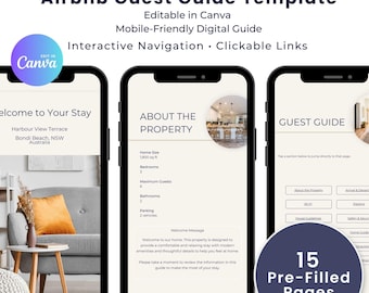Airbnb Digital Guest Guide | Mobile Welcome Book Canva Template | Clickable VRBO STR House Manual | Vacation Rental Instant Download
