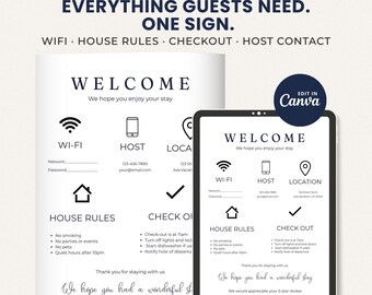 Cartel informativo para huéspedes de Airbnb todo en uno / Normas de la casa para WiFi / Plantilla editable de Canva / Descarga instantánea para alquileres vacacionales VRBO STR