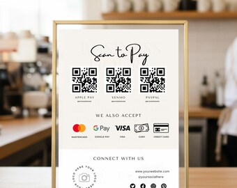 Plantilla de letrero de pago con código QR editable en Canva. Incluye 2 diseños.