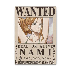 Puede incluir: Un cartel de "Se busca" con Nami de la serie de anime One Piece. El cartel tiene un fondo beige con las palabras "WANTED" en la parte superior. Debajo, se lee "DEAD OR ALIVE" y "NAMI". La recompensa es de 366.000.000.