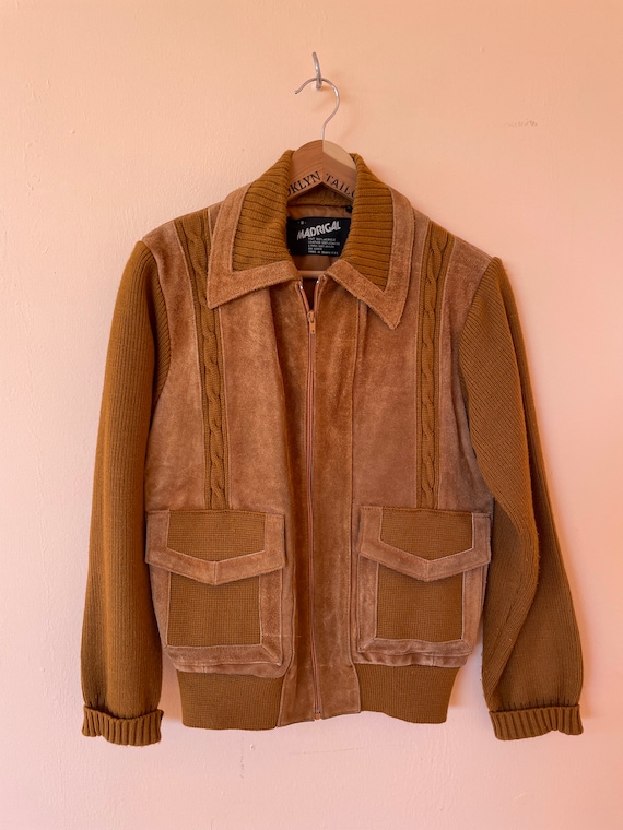 Vintage Knit and Suede Tan Zip Front Jacket 1980s