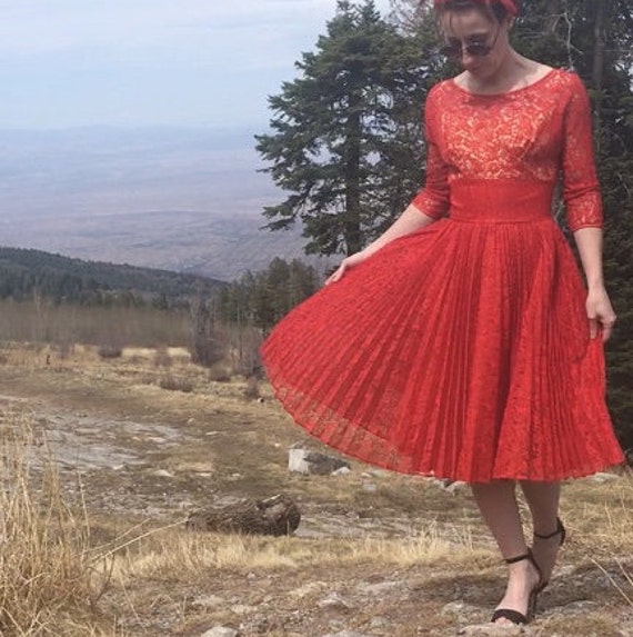 Vintage Red Lace Dress with Pleated Skirt, 1950s U