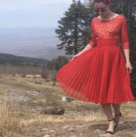 Vintage Red Lace Dress with Pleated Skirt, 1950s … - image 1