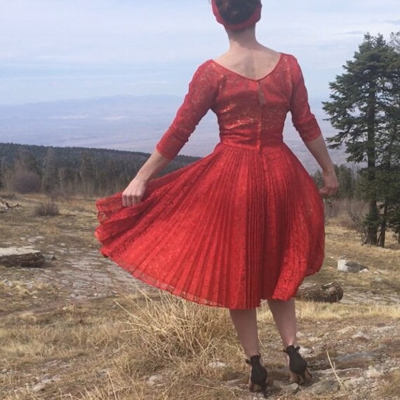 Vintage Red Lace Dress with Pleated Skirt, 1950s … - image 3