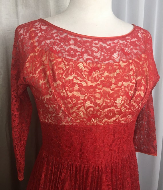 Vintage Red Lace Dress with Pleated Skirt, 1950s … - image 4