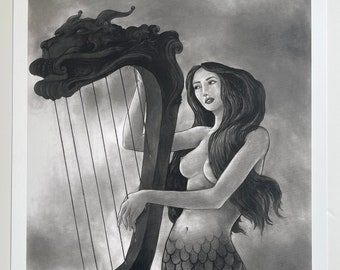 Mermaid With Gilded Harp by Dan Blakeslee an oversize limited edition giclee print on heavy paper stock