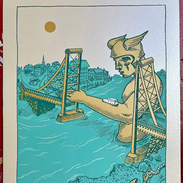 New Pathways silkscreen print depicting Memorial Bridge between Portsmouth, NH and Kittery, ME