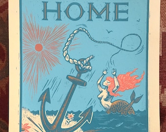 HOME a silkscreen print handmade by Dan Blakeslee depicting an aquatic scene with a mermaid and an anchor