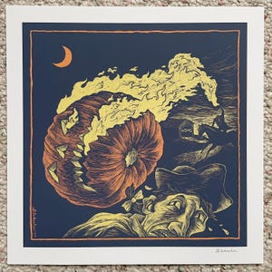 An Evening With The Headless Horseman a digital print by Dan Blakeslee with Headless Horseman throwing Jackolantern ...Halloween themed