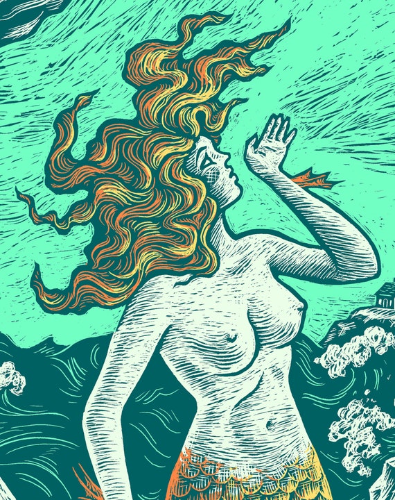 Sirens and the Oxbow a Digital Print by Dan Blakeslee A Seascape Depicting  a Mermaid Luring an on Coming Sailboat 
