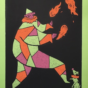 Title &quot;Fire Juggler &quot; carnival theme , fire juggling performer, circus, juggler, silkscreen, screenprint, print, limited edition
