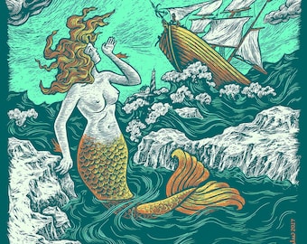Sirens And The Oxbow - a digital print by Dan Blakeslee - A seascape depicting a mermaid luring an on coming sailboat
