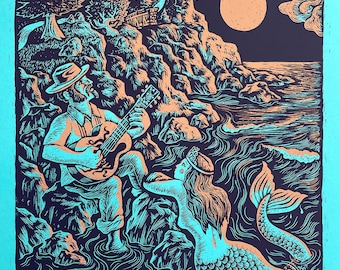 Marginal Way Mermaid by Dan Blakeslee a seascape depicting a mermaid and musician in the moonlight