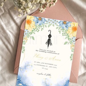 Hmong Wedding Invitation, Hmong Wedding Umbrella, Blue and Yellow Florals, Siv Ceeb Umbrella, Editable Digital Template Download