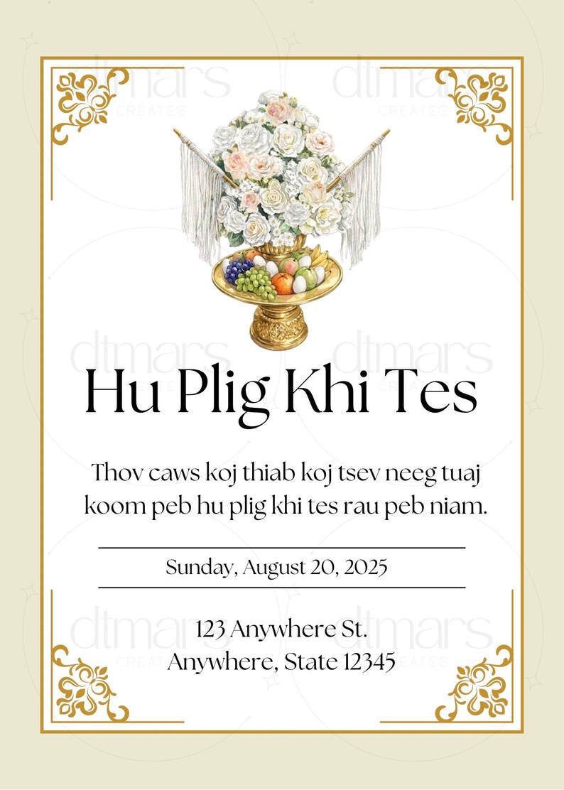 Hmong Gold Hand Tying Ceremony Invitation, Hu Plig Invitation, Editable ...
