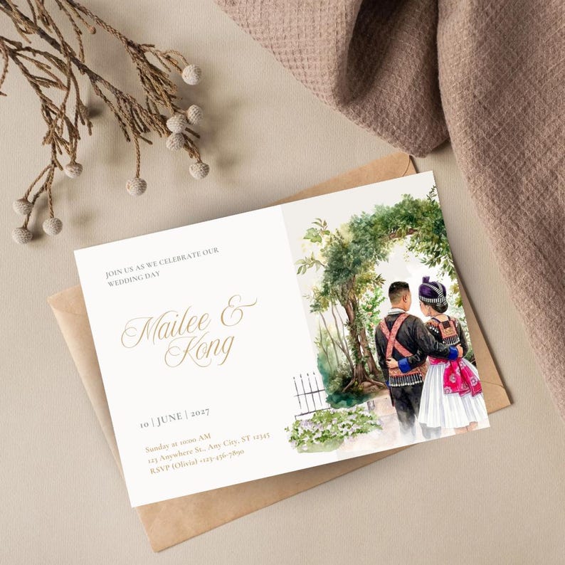 Hmong Couple Wedding Invitation, Hmong Clothes (white Skirt), Editable ...