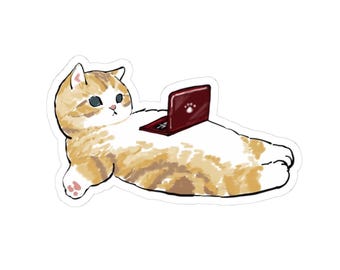 May include: A sticker featuring a cartoon cat with orange and white fur, lying down and using a maroon laptop. The laptop has a paw print on the screen. The cat has blue eyes and pink paws.