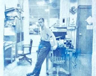 Scientist in Lab - Cyanotype from Vintage Film Negatives