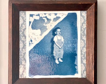 Lace Baby (Framed) - Cyanotype from Vintage Film Negatives and Lace